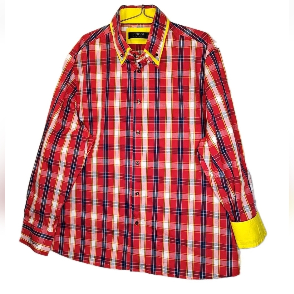 Coogi Luxe Flip Cuffs Dress Shirt 4X Red Patriot Plaid Heritage 90s Hip Hop Y2K - Picture 2 of 12